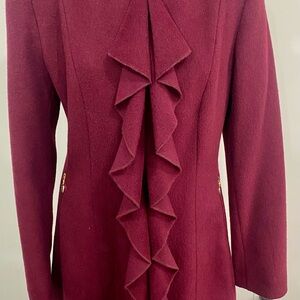 Tahari Burgundy/purple Ruffle Detail Wool Blend Coat Size 12
